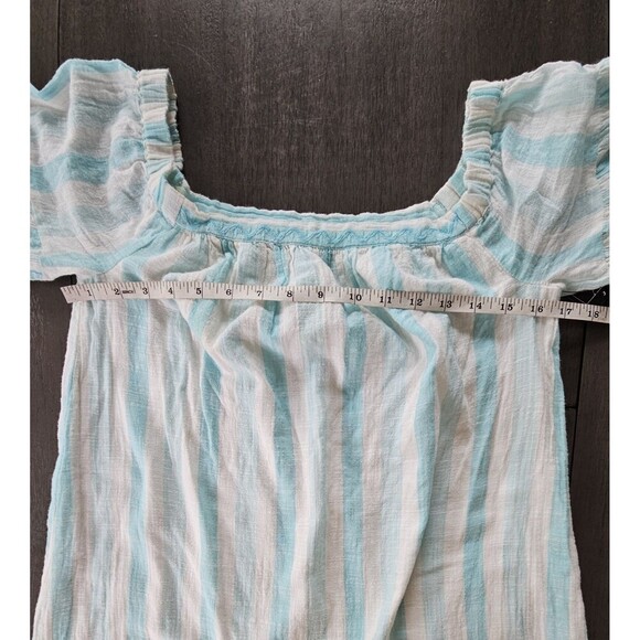 Crown & Ivy Off Shoulder Teal Stripe Mini Dress Balloon Sleeve Embroidered XS - Picture 4 of 10